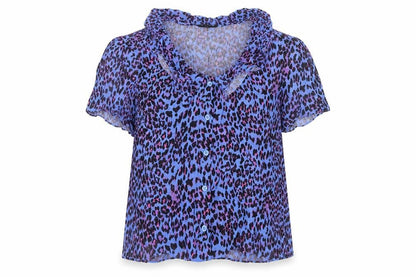 Whistles Women Blue Leopard Print Ruffle Button Blouse UK 18
