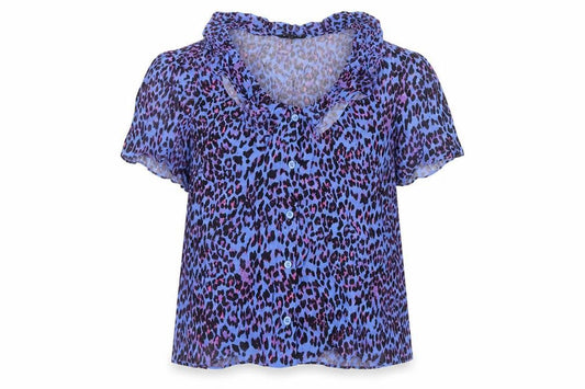 Whistles Women Blue Leopard Print Ruffle Button Blouse UK 18