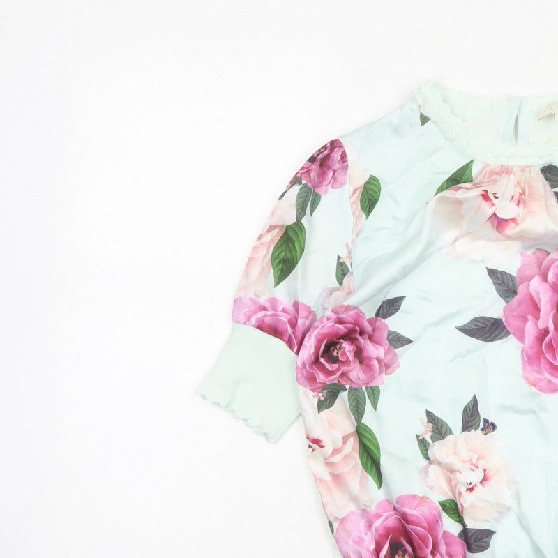 Ted Baker Women Green UK 8 Floral 3/4 Puff Sleeve Satin Blouse