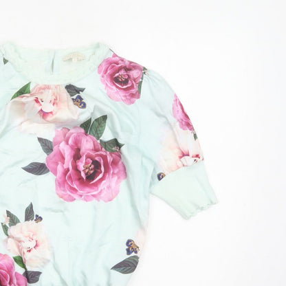 Ted Baker Women Green UK 8 Floral 3/4 Puff Sleeve Satin Blouse