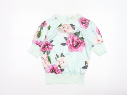 Ted Baker Women Green UK 8 Floral 3/4 Puff Sleeve Satin Blouse