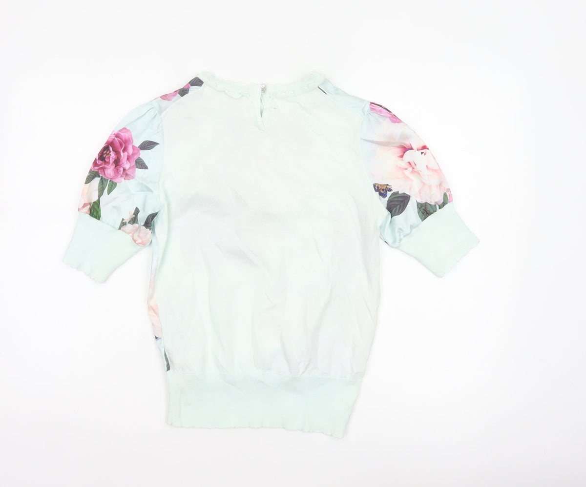 Ted Baker Women Green UK 8 Floral 3/4 Puff Sleeve Satin Blouse