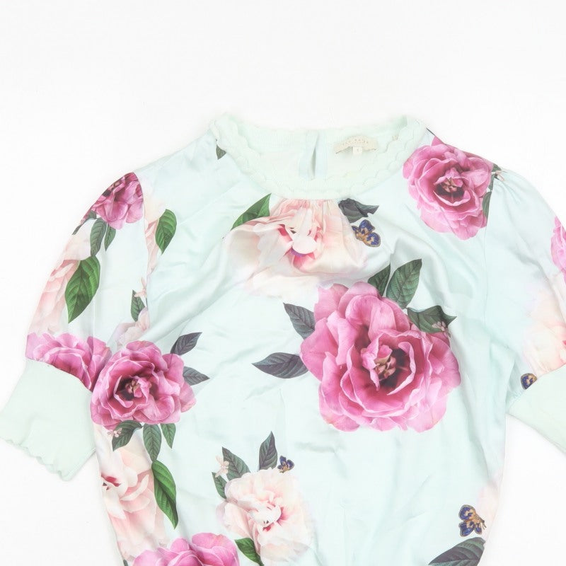 Ted Baker Women Green UK 8 Floral 3/4 Puff Sleeve Satin Blouse