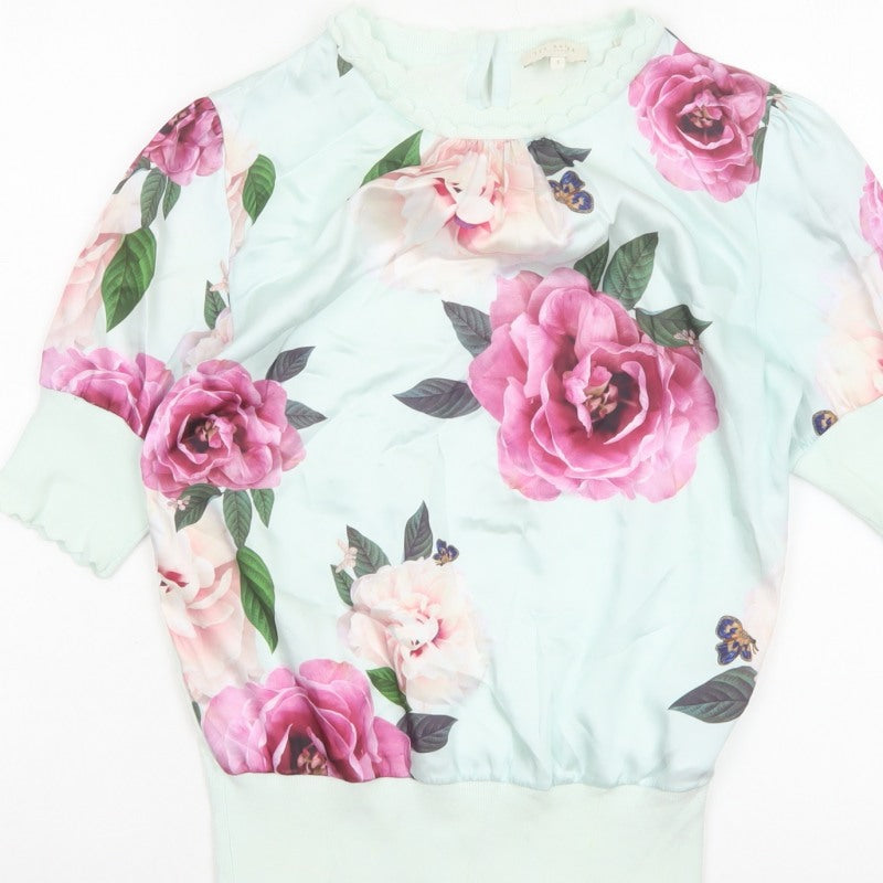 Ted Baker Women Green UK 8 Floral 3/4 Puff Sleeve Satin Blouse