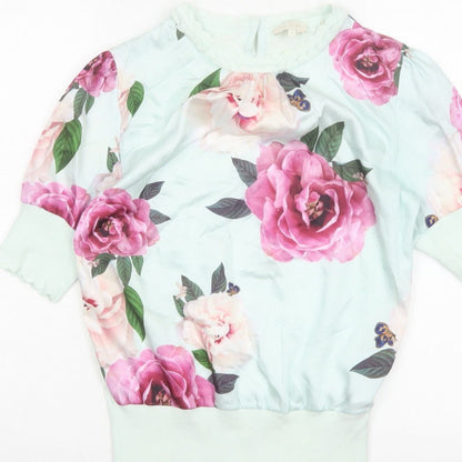 Ted Baker Women Green UK 8 Floral 3/4 Puff Sleeve Satin Blouse