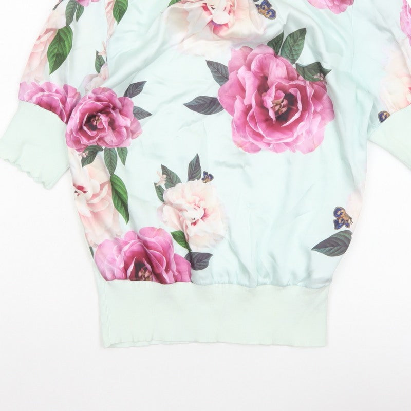 Ted Baker Women Green UK 8 Floral 3/4 Puff Sleeve Satin Blouse