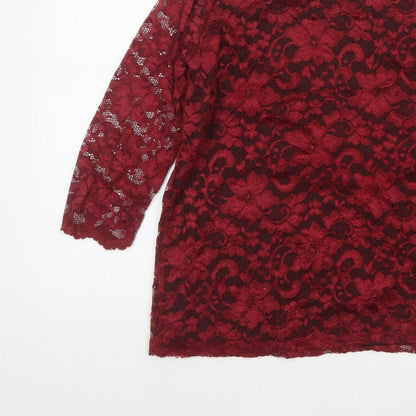 Tille Women Red Floral Lace L 18 3/4 Sleeve Lined Party Blouse