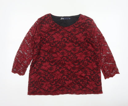 Tille Women Red Floral Lace L 18 3/4 Sleeve Lined Party Blouse