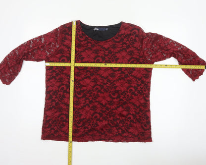 Tille Women Red Floral Lace L 18 3/4 Sleeve Lined Party Blouse