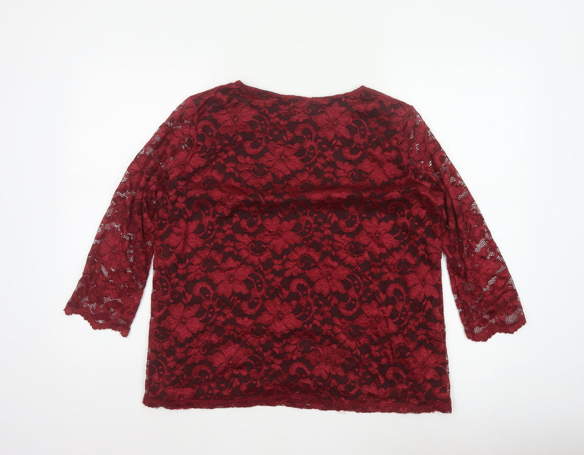 Tille Women Red Floral Lace L 18 3/4 Sleeve Lined Party Blouse