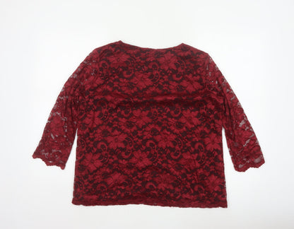 Tille Women Red Floral Lace L 18 3/4 Sleeve Lined Party Blouse