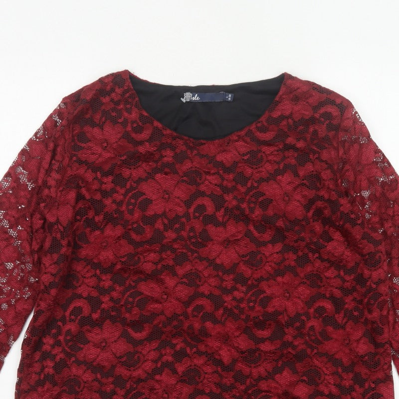 Tille Women Red Floral Lace L 18 3/4 Sleeve Lined Party Blouse