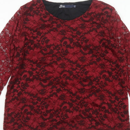 Tille Women Red Floral Lace L 18 3/4 Sleeve Lined Party Blouse