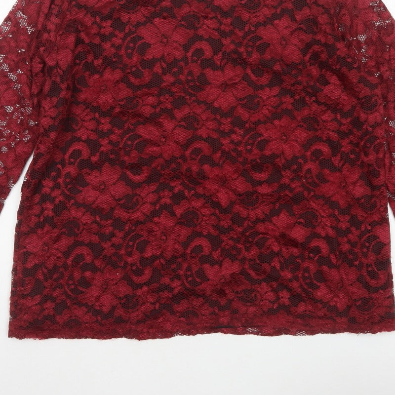 Tille Women Red Floral Lace L 18 3/4 Sleeve Lined Party Blouse