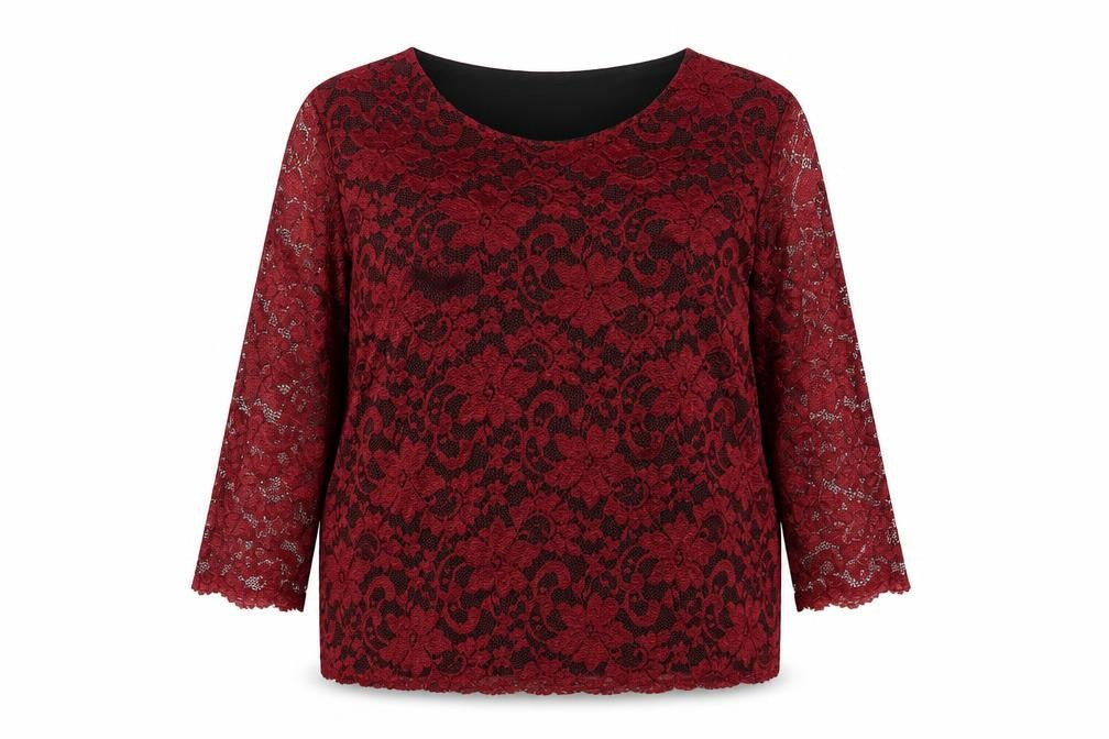 Tille Women Red Floral Lace L 18 3/4 Sleeve Lined Party Blouse