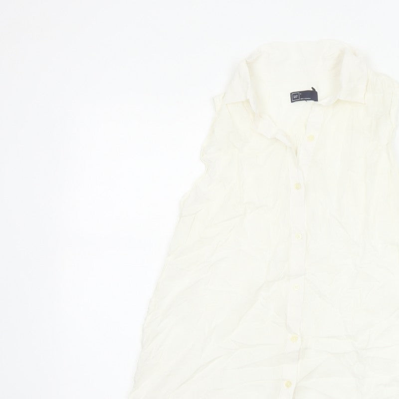 GAP Women White S Sleeveless Ruffle Collar Rayon Button-Up Blouse