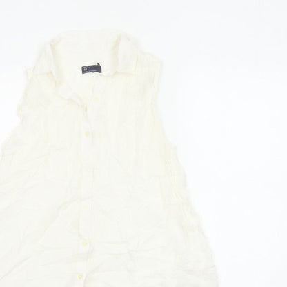 GAP Women White S Sleeveless Ruffle Collar Rayon Button-Up Blouse