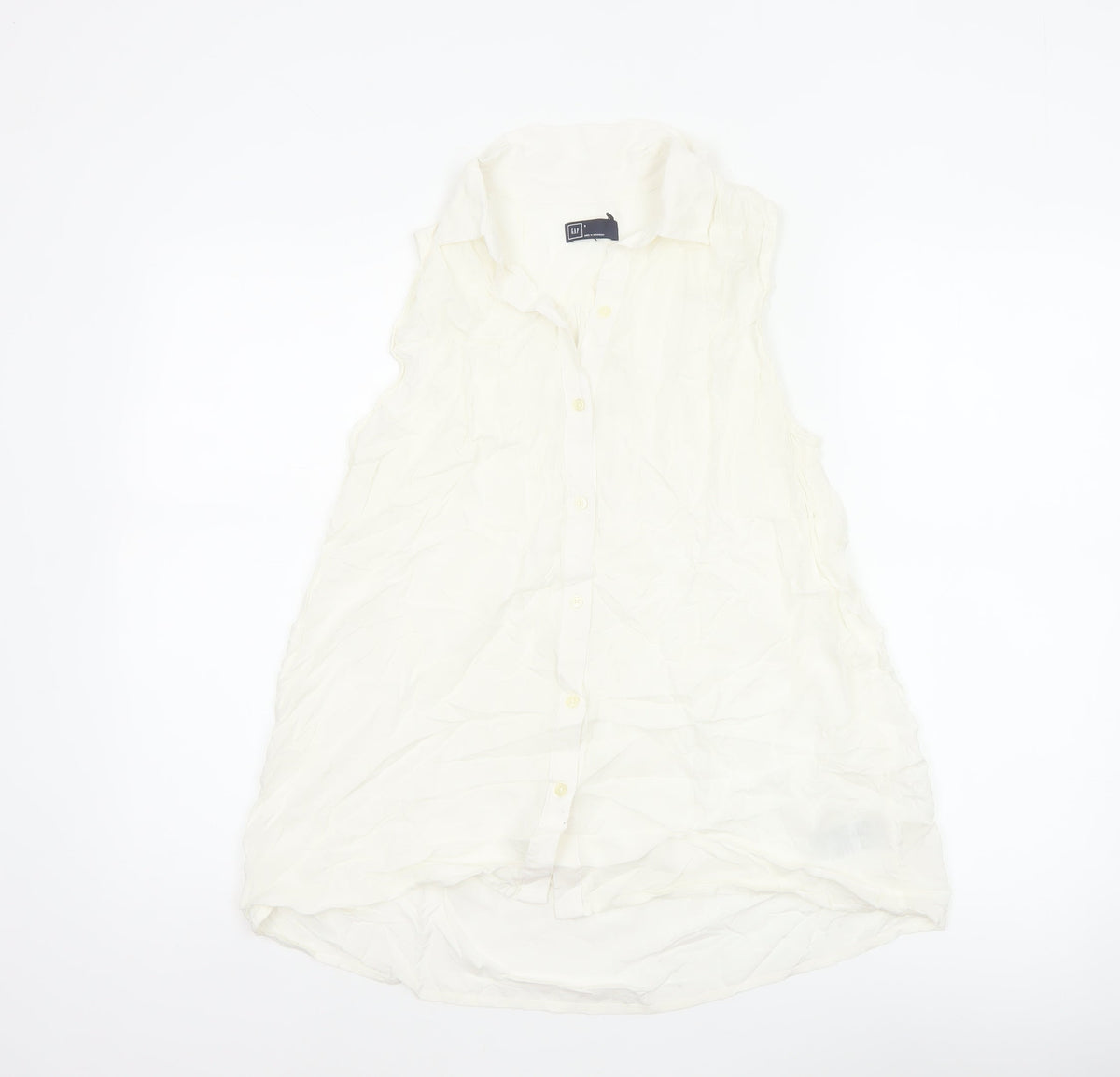 GAP Women White S Sleeveless Ruffle Collar Rayon Button-Up Blouse