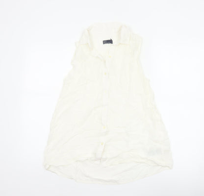 GAP Women White S Sleeveless Ruffle Collar Rayon Button-Up Blouse