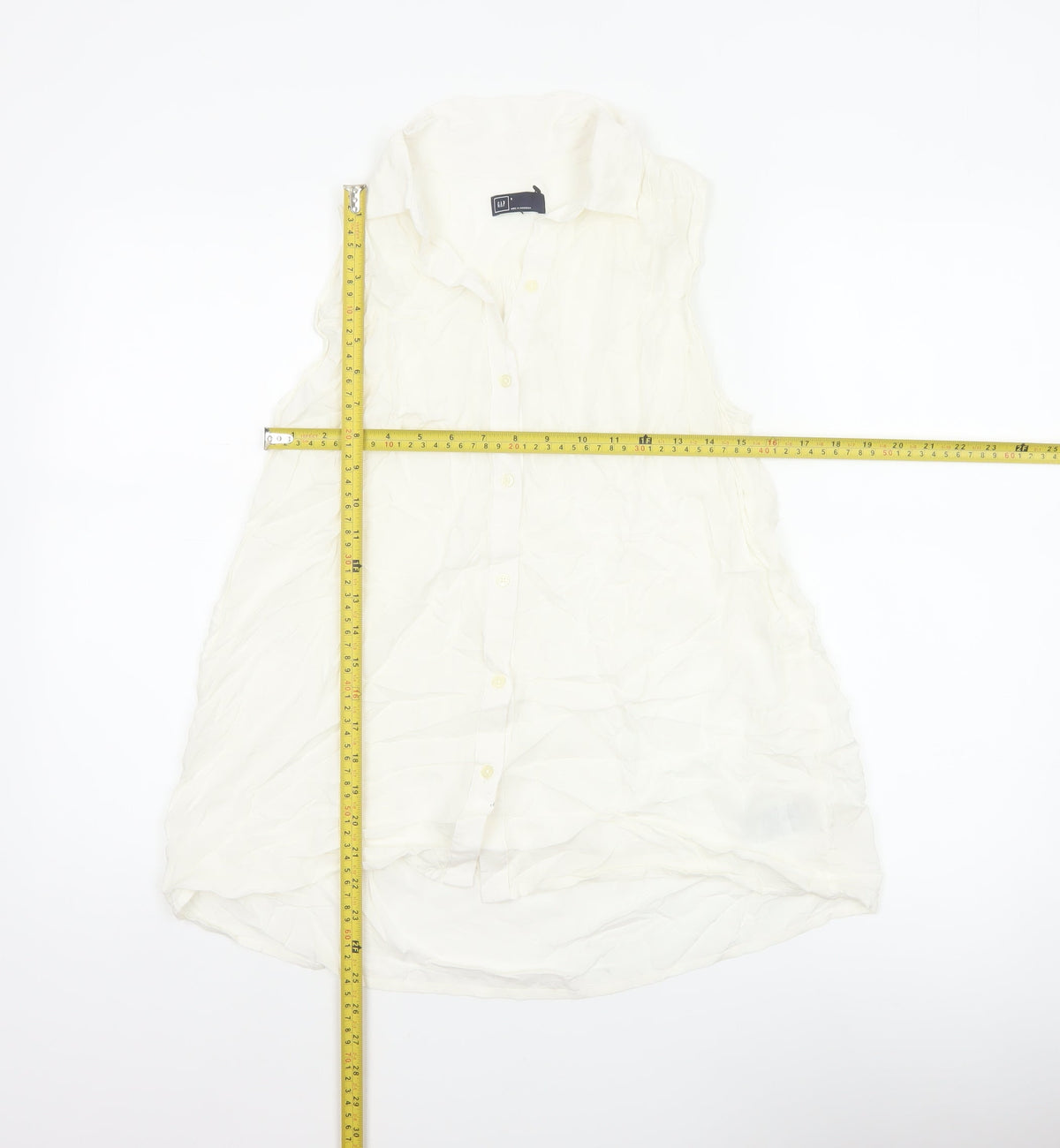 GAP Women White S Sleeveless Ruffle Collar Rayon Button-Up Blouse