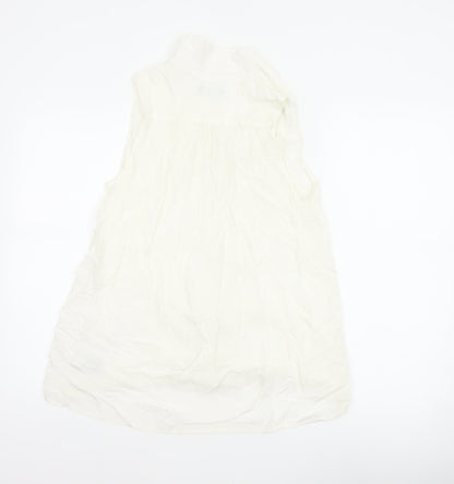 GAP Women White S Sleeveless Ruffle Collar Rayon Button-Up Blouse