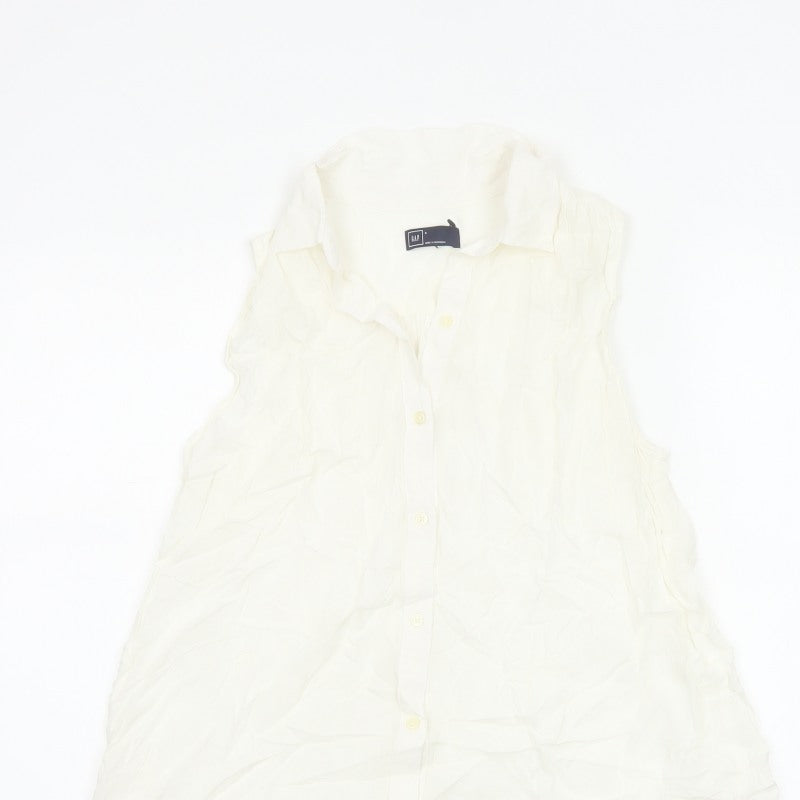 GAP Women White S Sleeveless Ruffle Collar Rayon Button-Up Blouse