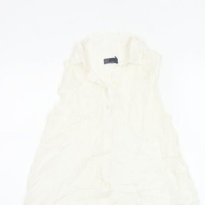 GAP Women White S Sleeveless Ruffle Collar Rayon Button-Up Blouse