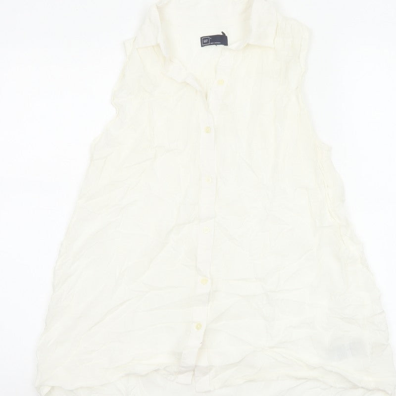 GAP Women White S Sleeveless Ruffle Collar Rayon Button-Up Blouse