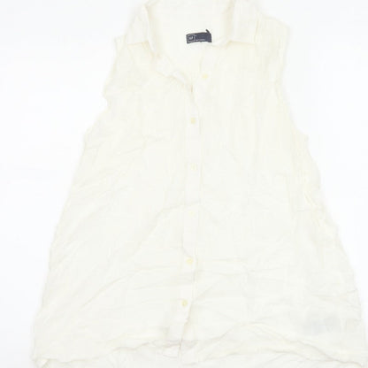 GAP Women White S Sleeveless Ruffle Collar Rayon Button-Up Blouse
