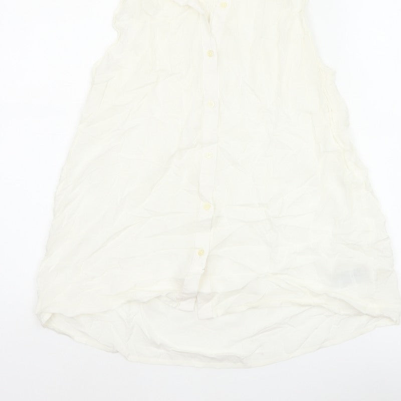 GAP Women White S Sleeveless Ruffle Collar Rayon Button-Up Blouse