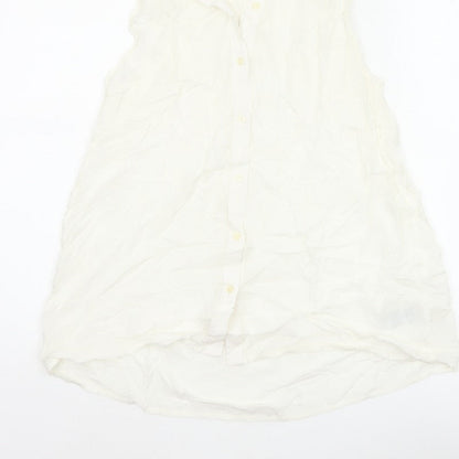 GAP Women White S Sleeveless Ruffle Collar Rayon Button-Up Blouse