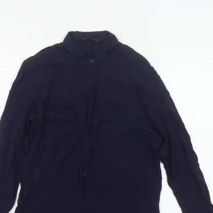 Zara Basic Women Blue UK 12 Long Sleeve Collared Button-Up Shirt