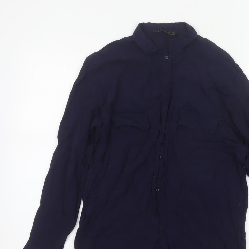 Zara Basic Women Blue UK 12 Long Sleeve Collared Button-Up Shirt