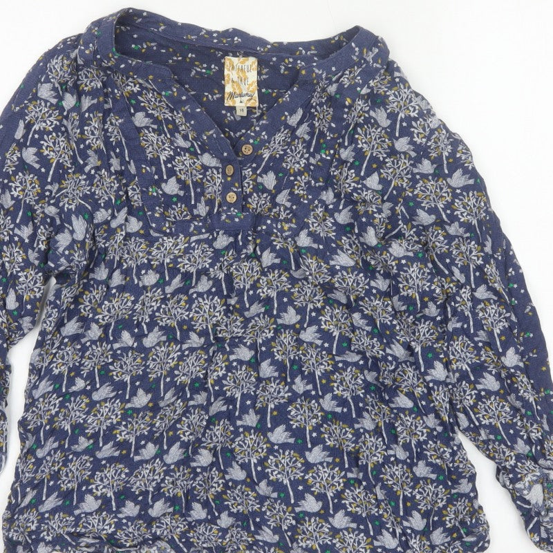 Mantaray Women Blue Size 14 Floral Long Sleeve V-Neck Blouse
