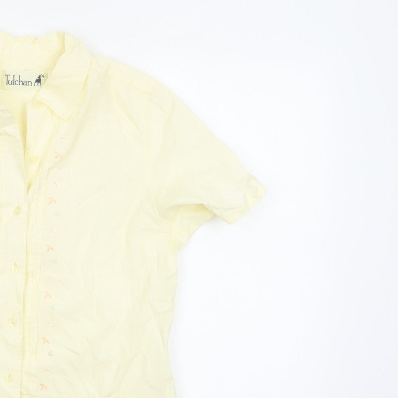 Tulchan Women Yellow S Embroidered Floral Short Sleeve Button-Up Shirt
