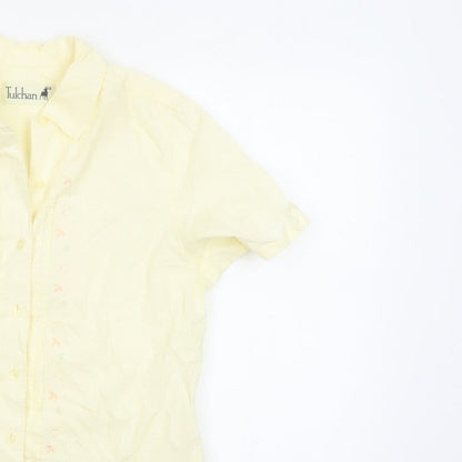 Tulchan Women Yellow S Embroidered Floral Short Sleeve Button-Up Shirt