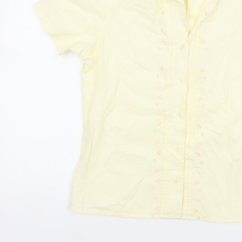 Tulchan Women Yellow S Embroidered Floral Short Sleeve Button-Up Shirt