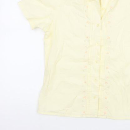 Tulchan Women Yellow S Embroidered Floral Short Sleeve Button-Up Shirt