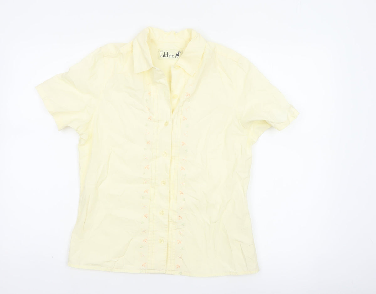 Tulchan Women Yellow S Embroidered Floral Short Sleeve Button-Up Shirt