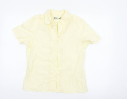 Tulchan Women Yellow S Embroidered Floral Short Sleeve Button-Up Shirt