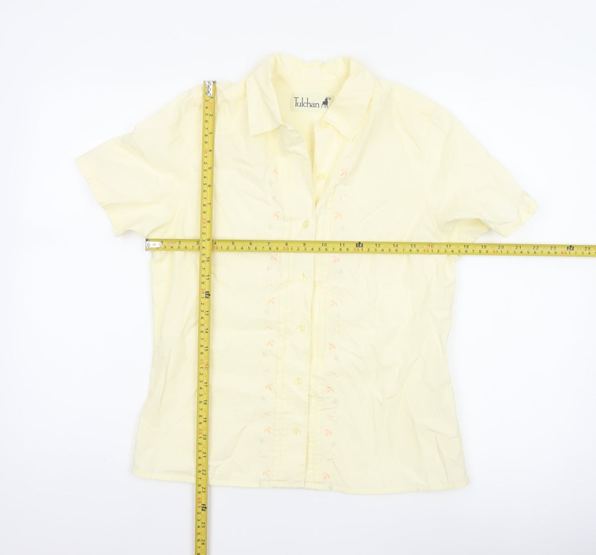 Tulchan Women Yellow S Embroidered Floral Short Sleeve Button-Up Shirt