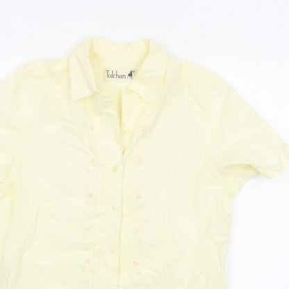 Tulchan Women Yellow S Embroidered Floral Short Sleeve Button-Up Shirt