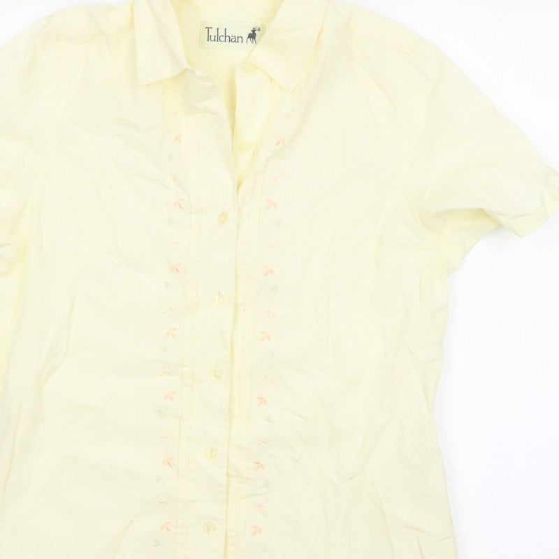 Tulchan Women Yellow S Embroidered Floral Short Sleeve Button-Up Shirt