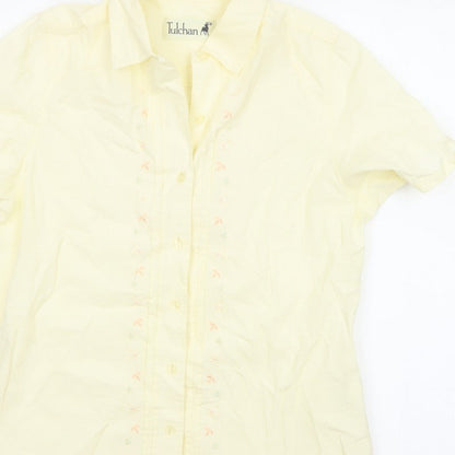 Tulchan Women Yellow S Embroidered Floral Short Sleeve Button-Up Shirt