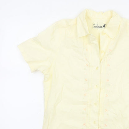 Tulchan Women Yellow S Embroidered Floral Short Sleeve Button-Up Shirt