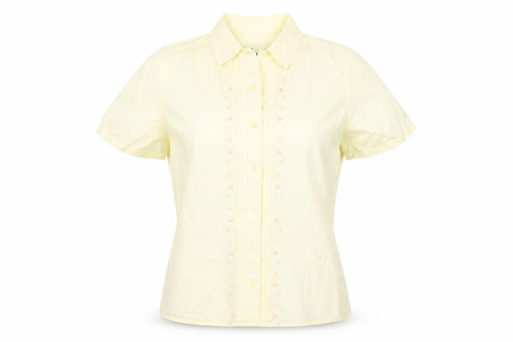 Tulchan Women Yellow S Embroidered Floral Short Sleeve Button-Up Shirt