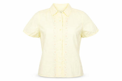 Tulchan Women Yellow S Embroidered Floral Short Sleeve Button-Up Shirt