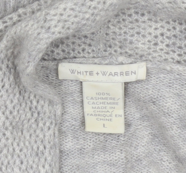 White + Warren Women Grey L Cashmere Open Knit Waterfall Cardigan