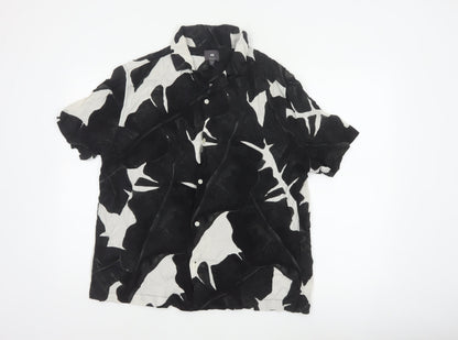 H&M Men Black White Floral Viscose Regular Fit Short Sleeve Shirt L