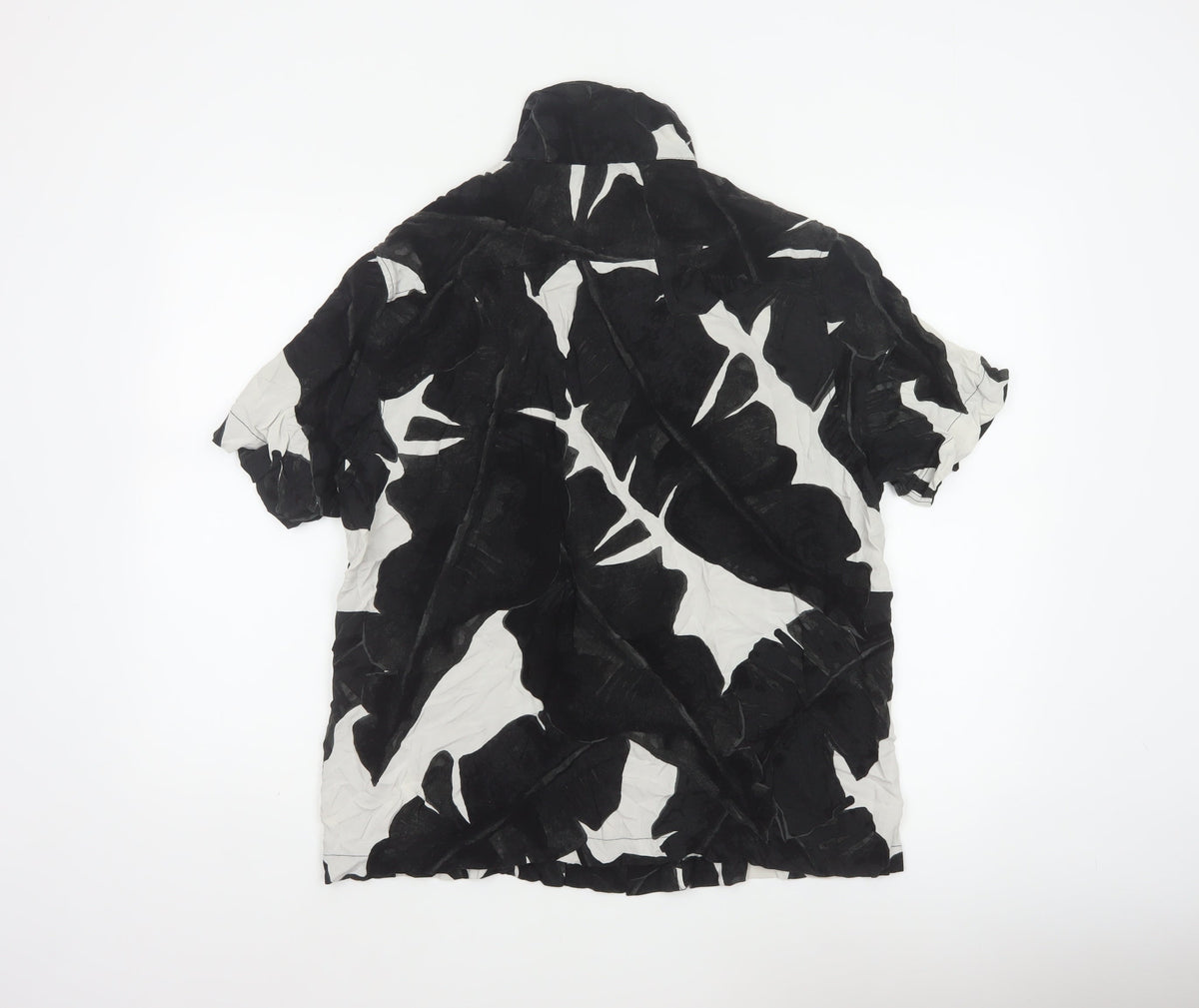 H&M Men Black White Floral Viscose Regular Fit Short Sleeve Shirt L